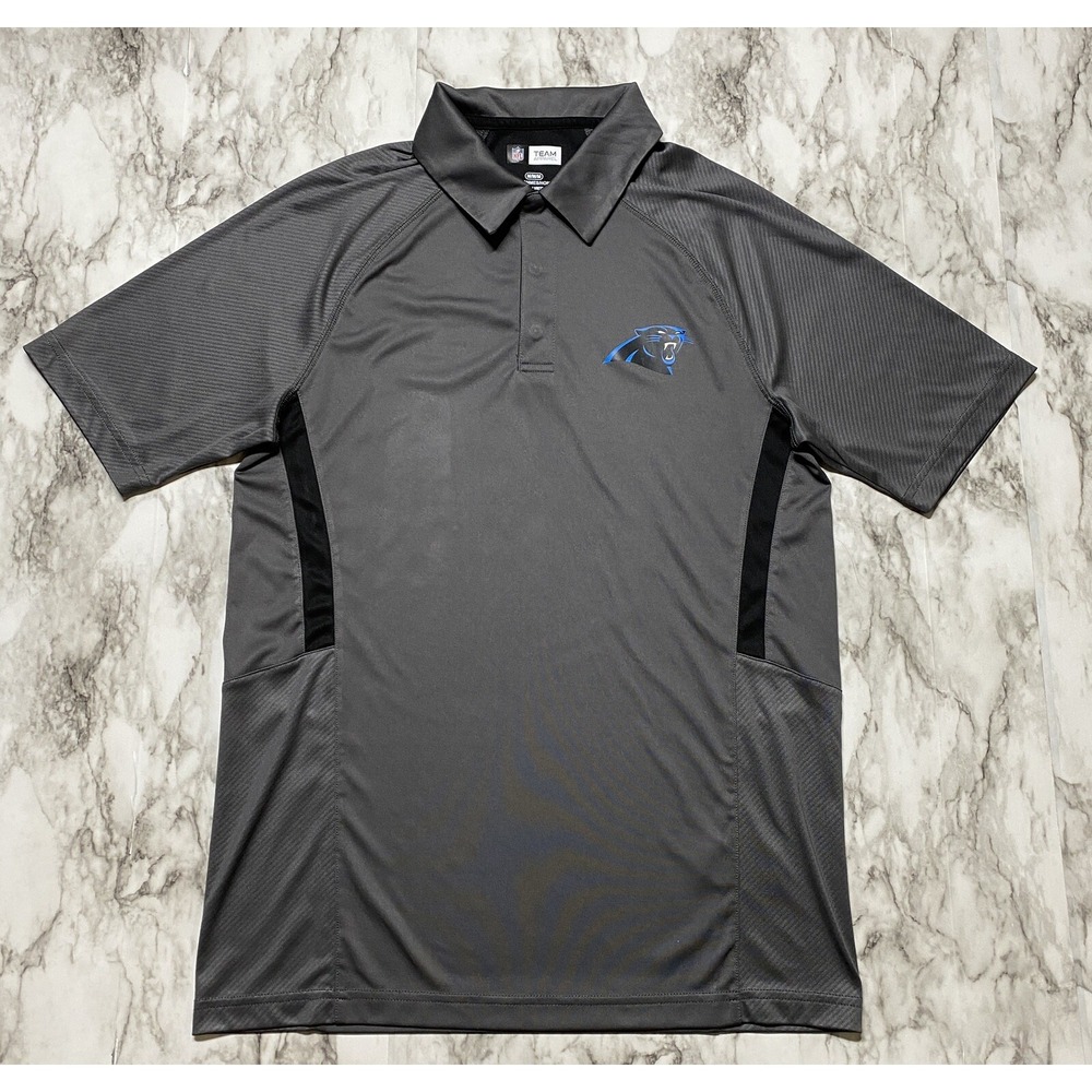 NFL Team Apparel Panthers Mens Polo Shirt Size M Gray Short Sleeve Hidden Button